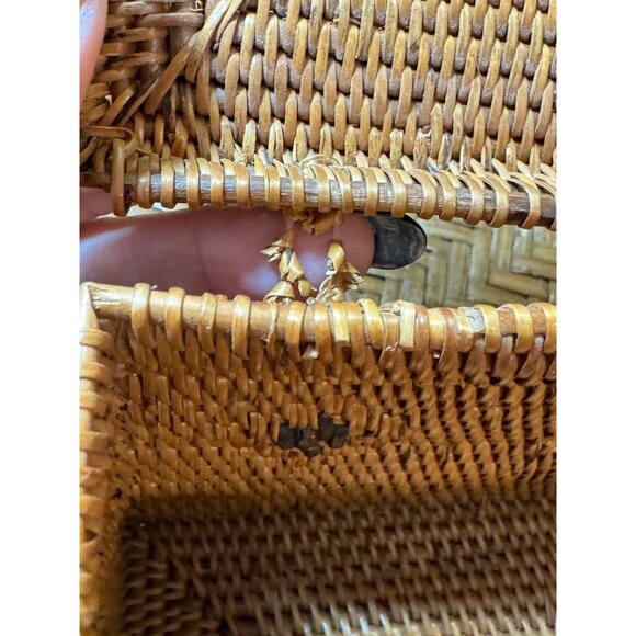 Vintage Rectangular Woven Rattan Basket With Lid & Black Accents - Picture 9 of 13